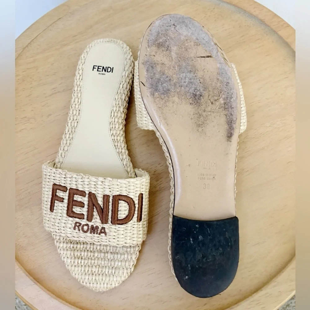 Fendi Signature Raffia Slip On Slides - Picture 6 of 6
